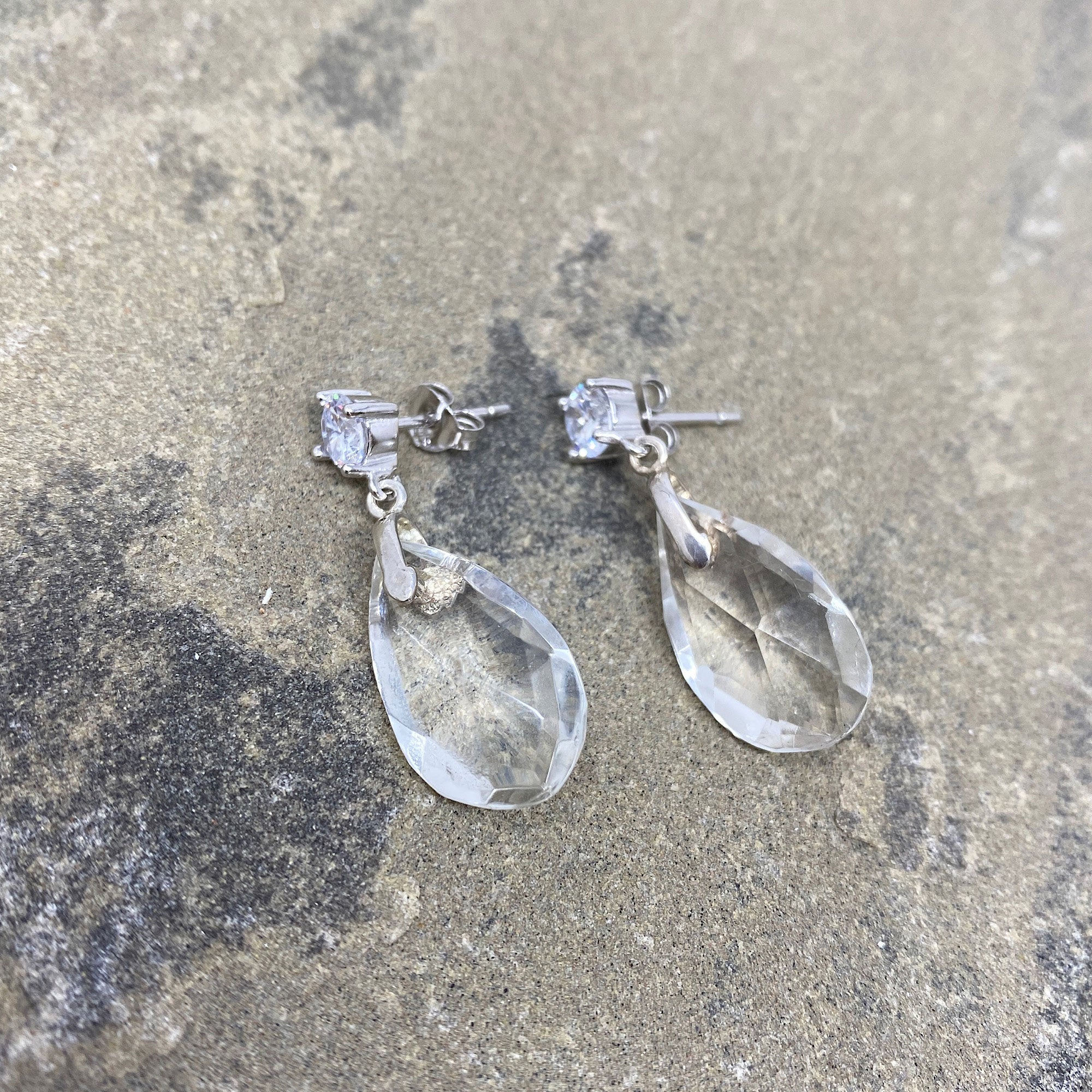 Grey Druzy Clear Crystal Victorian Drop Dangle Earrings - Gothic Grace Inc